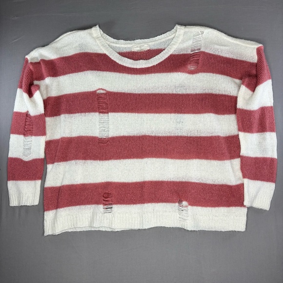 No Comment Ny La Sweaters - No Comment Crop Striped Pink Cream Sweater Women's Plus 3X Distressed Thrashed